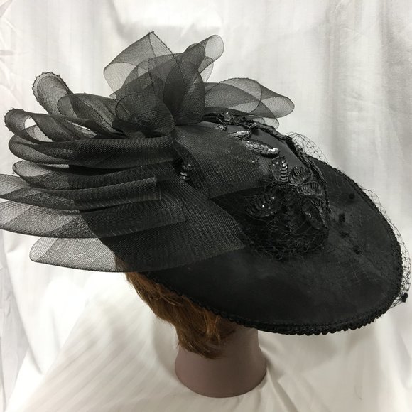 Black Fascinator w/Black Veil, Bow & Sequin Flower